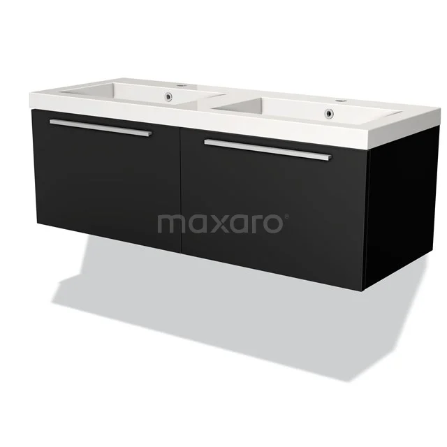 Zwarte dubbele wastafel met hoogglans kast, rechthoekig ontwerp en chrome handgrepen, perfect voor moderne badkamers.