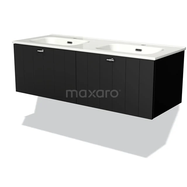 Double basin black bathroom cabinet with white basin, sleek design, ideal for modern bathrooms.