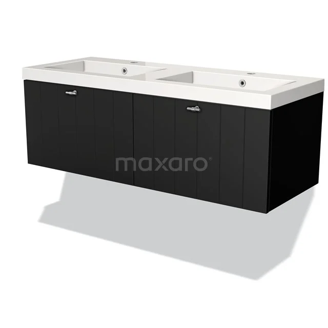 Modulo Vanity units with basin | 120 cm Matte black Slat front Mineral marble 2 Side-by-side drawers BMW12-00164 Black floating double vanity unit with white ceramic countertop wash basins, ideal for modern bathroom layouts.