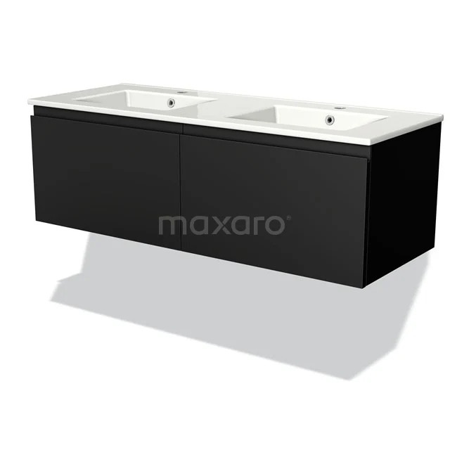 Black floating vanity unit with double ceramic basin, modern design, ideal for a stylish bathroom.