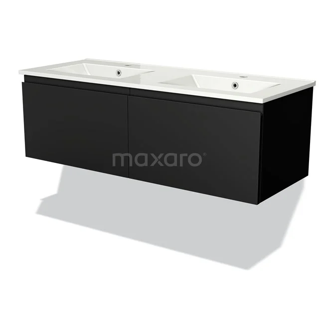 Black double basin base cabinet with clean lines, including white ceramic basin, perfect for modern bathrooms.