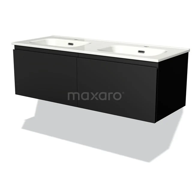 Zwarte zwevende badkamermeubelset met dubbele wastafel, strak design, ideaal voor moderne badkamers.