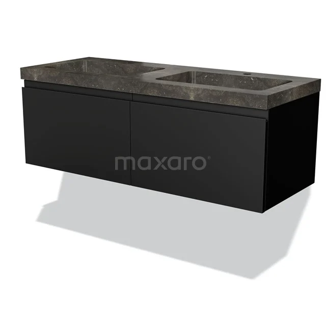 Zweiflügeliger schwarzer Badschrank mit marmoriertem Waschbecken, modernes Design, doppelte Schubladen, ideal für eine stilvolle Badezimmergestaltung.