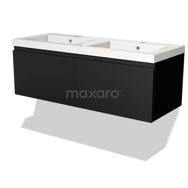 Zwarte, dubbele wastafel van keramiek met strakke, moderne vormgeving; perfect voor een stijlvolle badkamerinrichting.