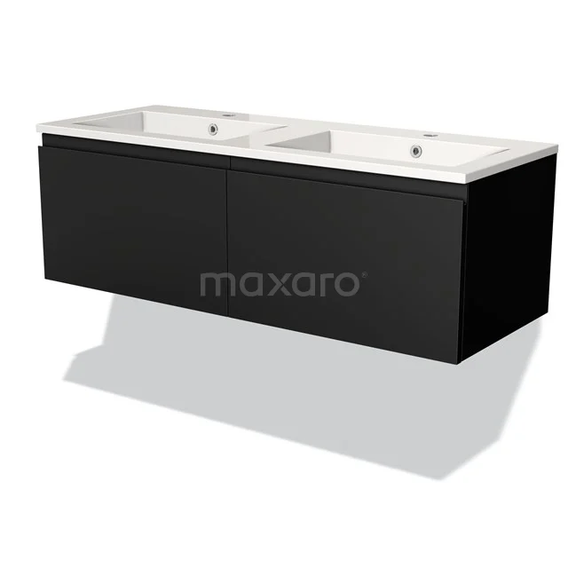 Zwarte zwevende badkamermeubelset met dubbele witte keramische wastafel, minimalistisch design en moderne uitstraling.