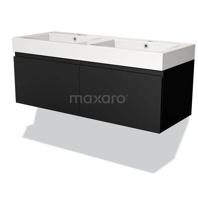 Zwart zwevend badkamermeubel met dubbele wastafel, strak design, ideaal als moderne badkameroplossing.