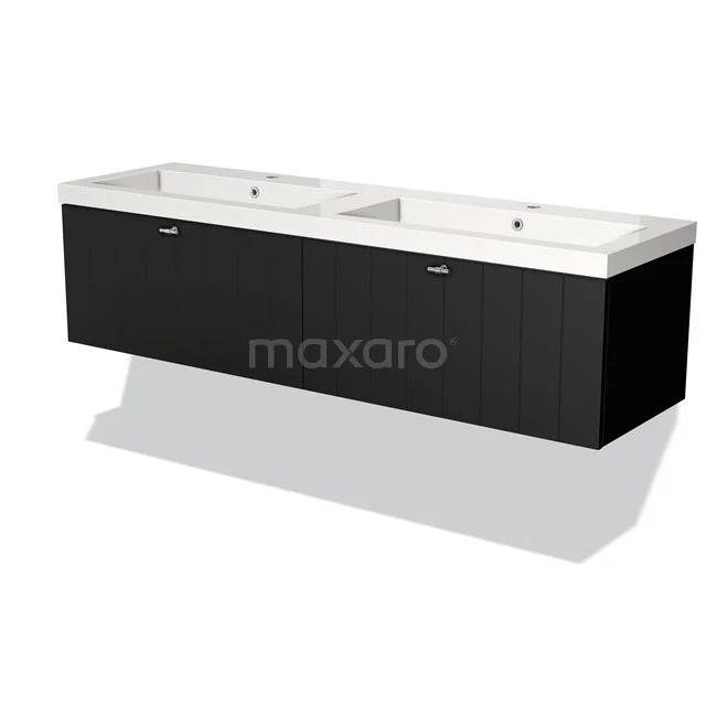 Black double vanity unit with white ceramic sink, modern design for luxury bathroom fittings.