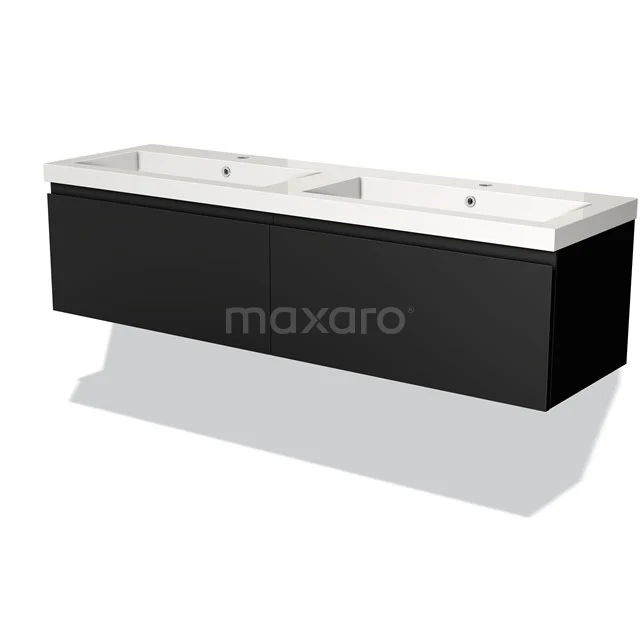 Zwarte dubbele wastafelset met hoogglans afwerking, witte keramische wasbakken, perfect voor een moderne badkamerstijl.