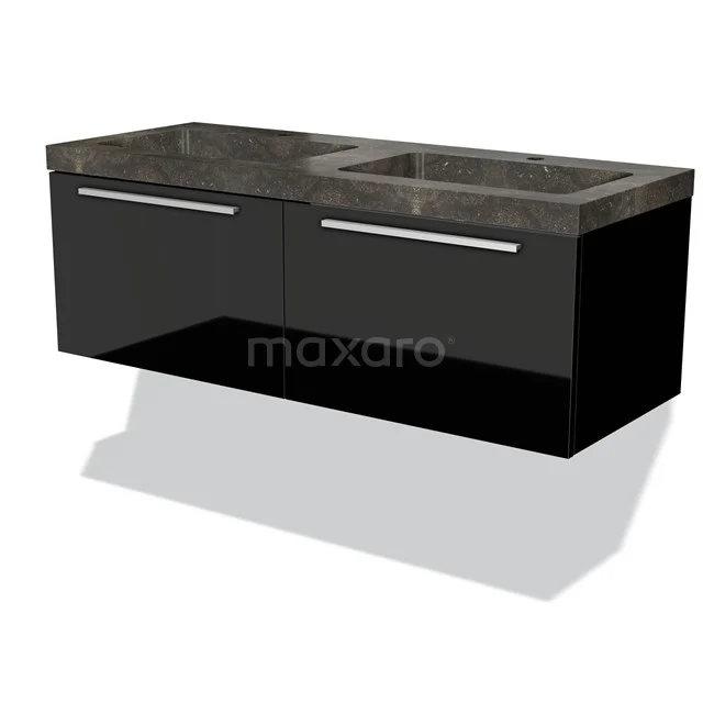 Schwarze Badmöbel mit glänzenden Schubladen, marmorierter Waschtischplatte und integrierten Waschbecken; modernes Design.