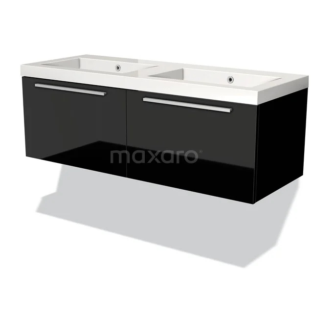 Zwarte dubbele wastafelmeubel met glanzende afwerking en witte keramische wasbak, perfect voor een moderne badkamerstijl.