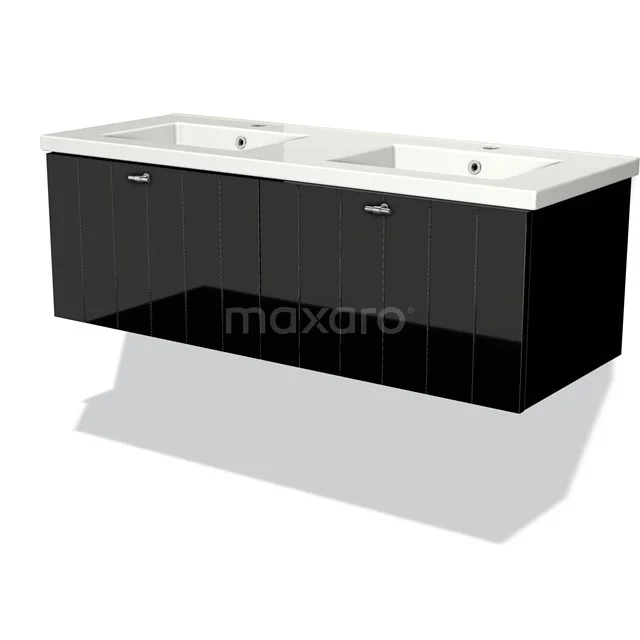 Modulo Bathroom furniture with sink | 120 cm High-gloss black Slat front Ceramic 2 Side-by-side drawers BMW12-00196 Black floating double vanity unit with glossy finish, chrome handles and white ceramic countertop wash basins.