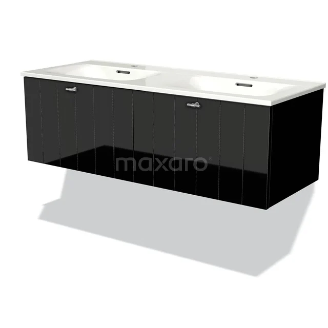 Black glossy double wash basin set with ceramic countertop wash basins; modern bathroom design for luxurious furnishing.