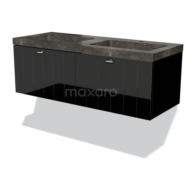 Zwarte zwevende badkamerkast met marmeren blad, dubbele wastafel en een modern design, ideaal voor een luxe badkamerstijl.