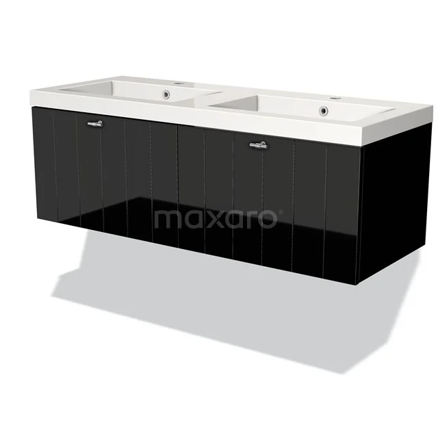 Zwarte dubbele wastafelmeubel met hoogglans afwerking en keramische wastafel, ideaal voor moderne badkamers.