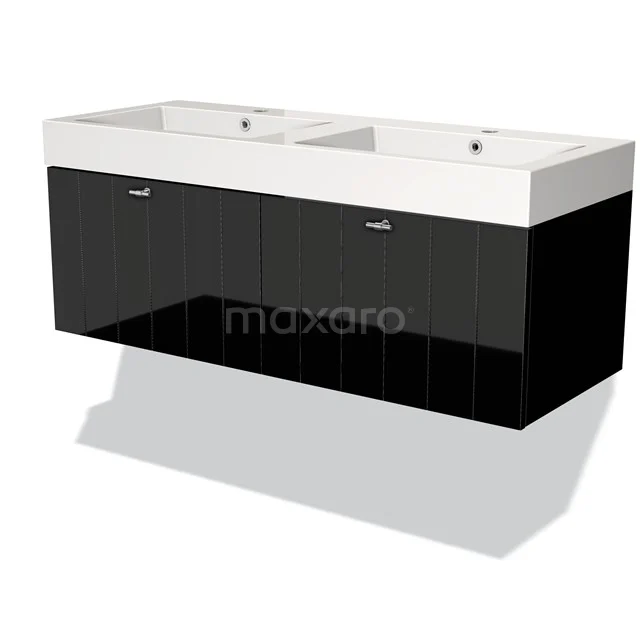 Zwart glanzend badkamermeubel met dubbele witte wasbak, strak ontwerp, ideaal voor moderne badkamers.