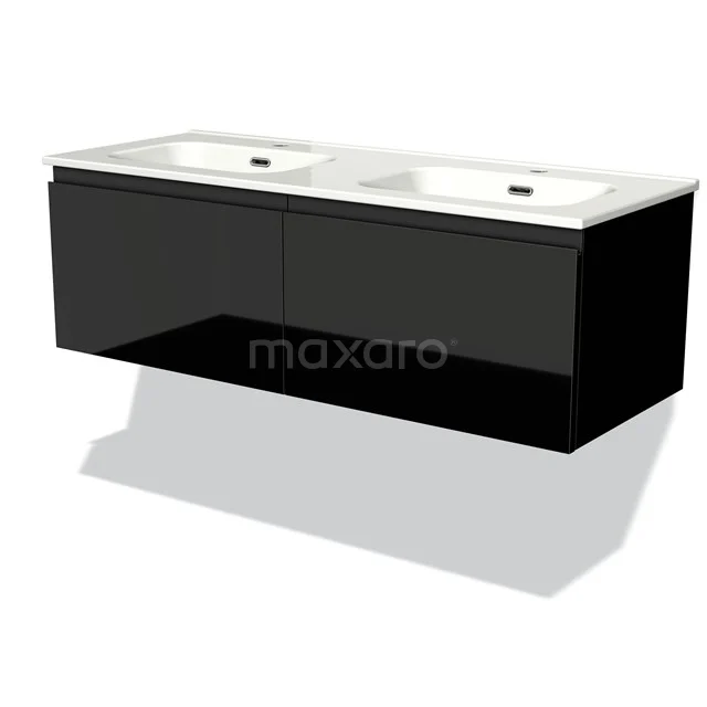 Zwarte dubbele wastafelmeubel van glanzend materiaal, modern design, geschikt voor stijlvolle badkamerinrichting.