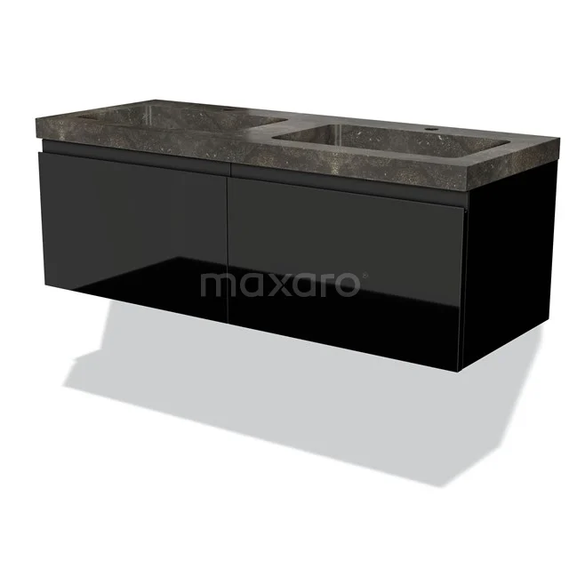 Schwarzes schwebendes Badezimmermöbel mit marmoriertem Waschbecken, modernes Design und doppelten Schubladen für stilvollen Stauraum.