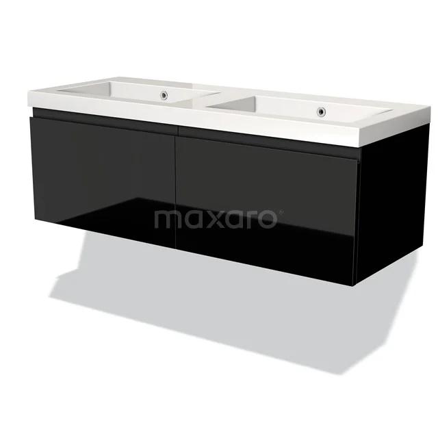 Black vanity units with double basin, glossy high-gloss finish and modern design, perfect for a stylish bathroom.