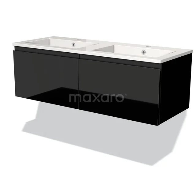 Zwarte dubbele wastafel met glanzende finish, modern design en softclose-lades; stijlvol badkamermeubel voor elke ruimte.