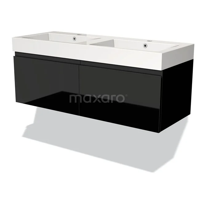 Zwarte dubbele wastafelset met hoogglans afwerking, met witte keramische waskommen, ideaal voor moderne badkamers.