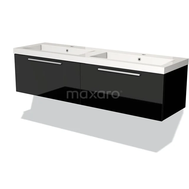 Zwarte dubbele wastafel met hoogglans kast, chrome handgrepen en keramische wasbakken, ideaal voor moderne badkamers.