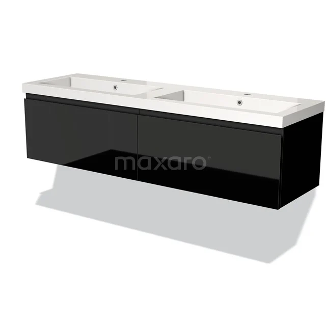 Zwarte badkamermeubelset met dubbele wastafel, hoogglans afwerking en strak design voor moderne badkamers.