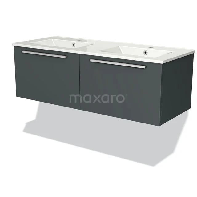 Dubbele wastafelmeubel grijs met lades, strak design en moderne uitstraling, perfect voor een stijlvolle badkamer.