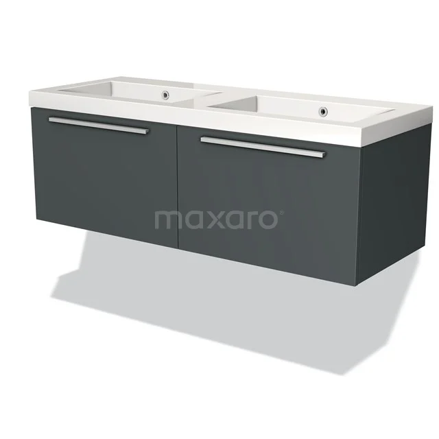 Donkergrijze dubbele wastafel met witte keramische wasbak, strak ontwerp, ideaal voor een moderne badkamer.