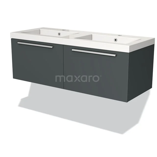 Donkere grijze dubbele wastafel met strak design, twee keramische waskommen en soft-close lades, ideaal voor moderne badkamers.