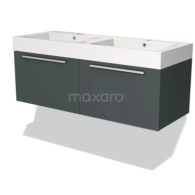 Moderne dubbele wastafel, donkergrijze onderkast, geïntegreerde handgrepen, perfect voor een stijlvolle badkamer inrichting.
