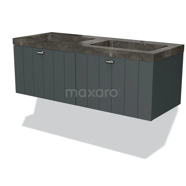 Grijze houten badkamermeubel met dubbele wastafel, marmeren blad en moderne uitstraling, perfect voor stijlvolle badkamers.