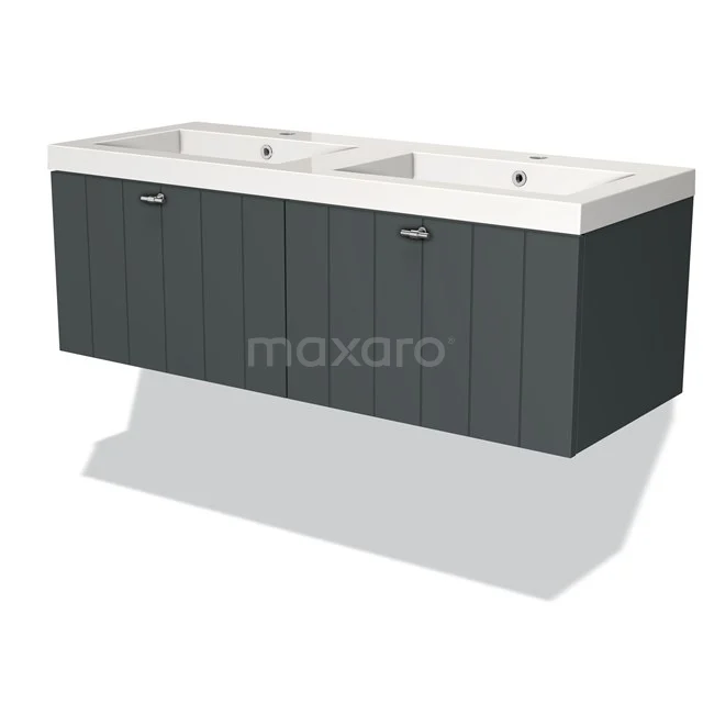 Zwarte houten dubbele wastafel met witte keramische wasbak, ideaal voor moderne badkamers, ruimtebesparend ontwerp.