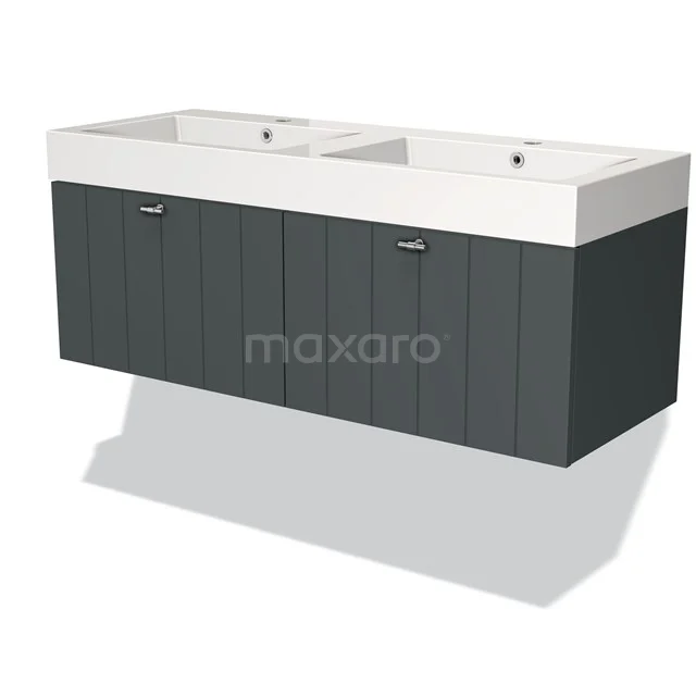 Double basin with matt grey bathroom cabinet, grooved design and modern white ceramic from the Elegance series.