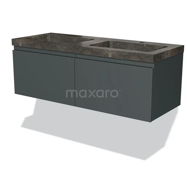 Donkere badkamermeubelset met zwarte marmeren wasbak, hangend design en twee greeploze lades voor een moderne uitstraling.
