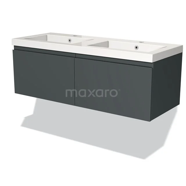 Dark grey floating bathroom unit with double white sink, modern design and sleek drawers.