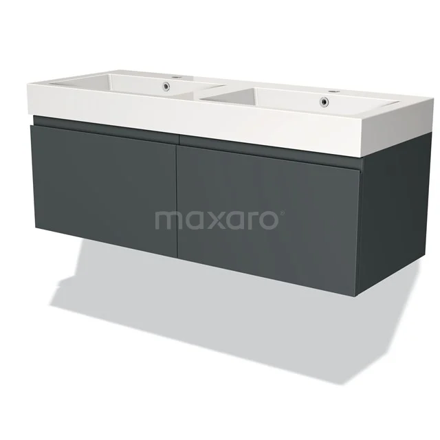 Dubbele wastafelmeubel donkergrijs, strak design, met witte keramische wasbakken, ideaal voor moderne badkamers.