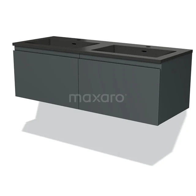 Dark grey double basin base cabinet made of wood, modern design, ideal for stylish bathroom storage.