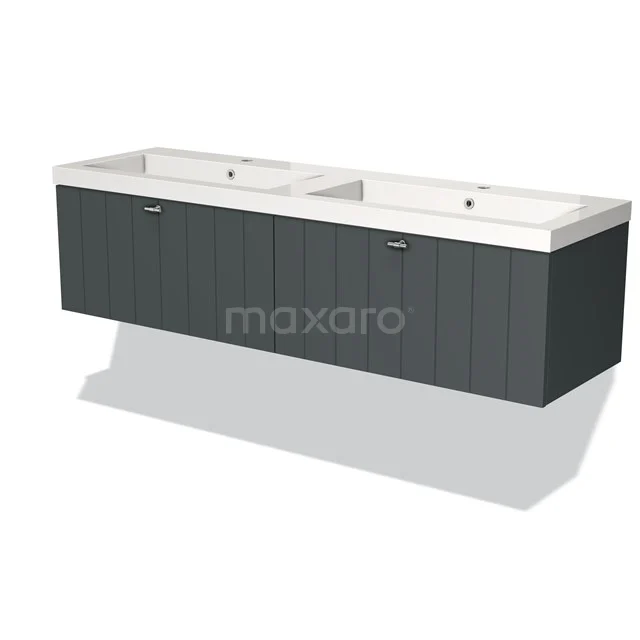 Dubbele wastafel met donkergrijs, geribbeld ladekastontwerp, ideaal voor een moderne badkamer.