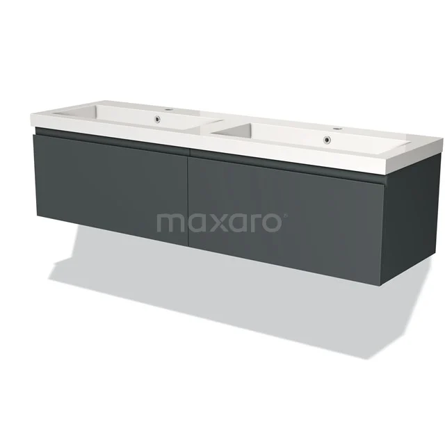 Double basin vanity unit in matt anthracite, with sleek ceramic basins and two spacious drawers for bathroom storage.
