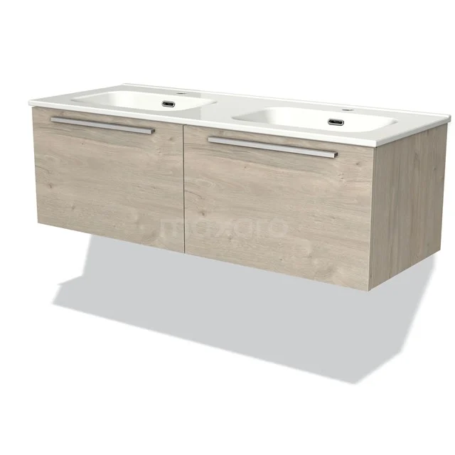 Wooden vanity units with basin, oak look, modern floating finish, including chrome handles.