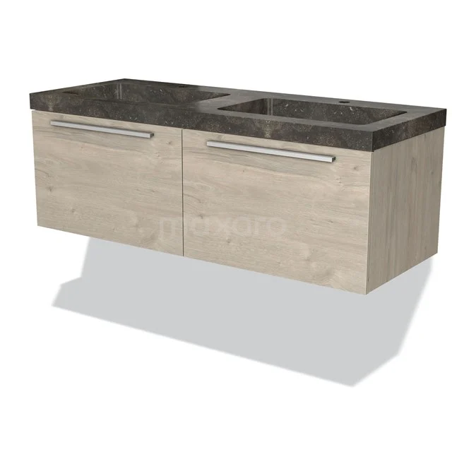 Wooden bathroom unit with two drawers, natural stone vanity units with basin and chrome handles, modern and stylish design.