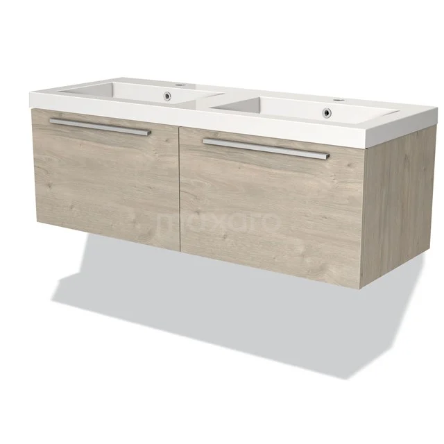Zwevende badmeubelset met dubbele witte wastafel en licht eiken onderkast, perfect voor moderne badkamers.