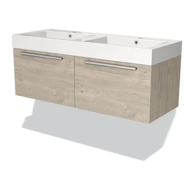 Houten badkamermeubel met dubbele wastafel, modern design en geïntegreerde metalen handgrepen. Perfect voor een strakke badkamer.