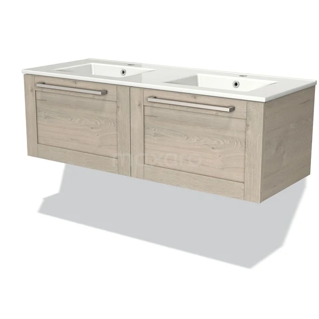 Modulo Vanity units with basin | 120 cm Light grey oak Frame front Ceramic 2 Side-by-side drawers BMW12-00273 Double vanity unit in light oak, modern design, floating for space saving in the bathroom.