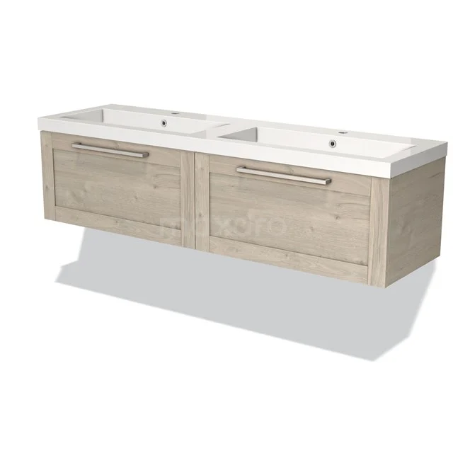 Doppelwaschbecken mit Holz-Optik Unterschrank, hell Eiche Farbe, elegantes Design und integrierte Schubladen, ideal für moderne Bäder.