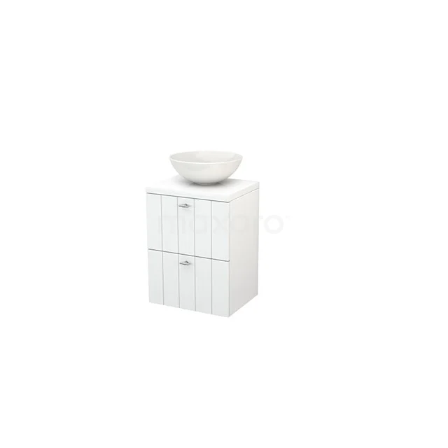White wooden bathroom cabinet with horizontal lines, two drawers and a round ceramic basin on top.