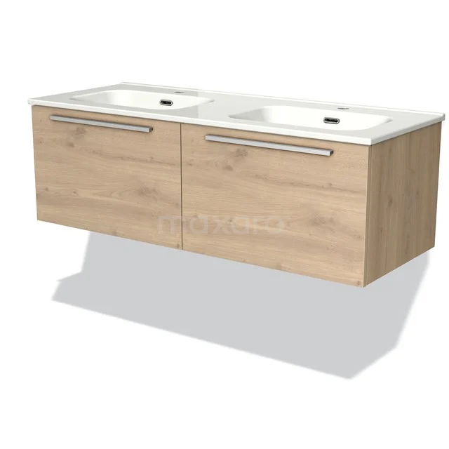 Houten badkamermeubel met twee witte wasbakken, modern design en metalen handgrepen, perfect voor een stijlvolle badkamer.