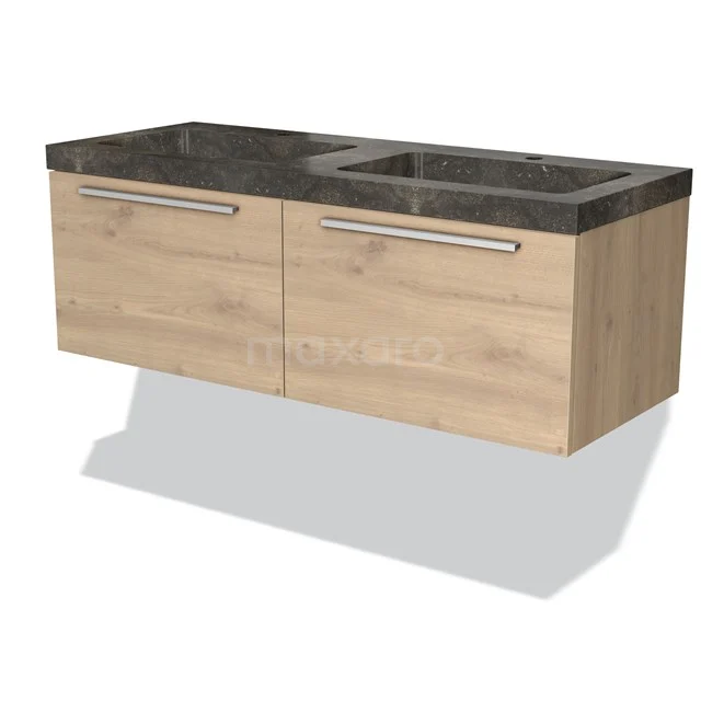 Badkamermeubel 120cm Modulo Lichtbruin Eiken 2 Lades Vlak Wastafel Natuursteen Blue Stone BMW12-00292