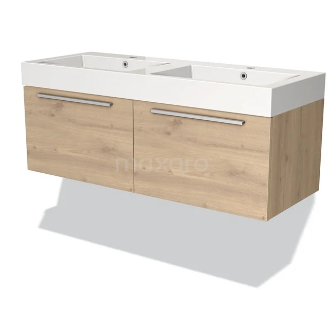 Holz Badezimmermöbel mit Doppelwaschbecken, Eichelook mit weißem keramischen Waschbecken, modernes Design und sauber verarbeitet.