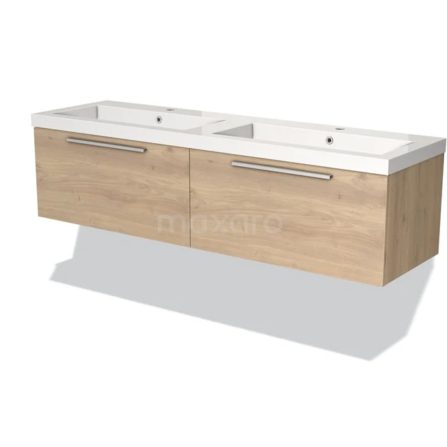 Houten wastafelmeubel met dubbele witte wasbak, zwevend design, ideaal voor moderne badkamers.